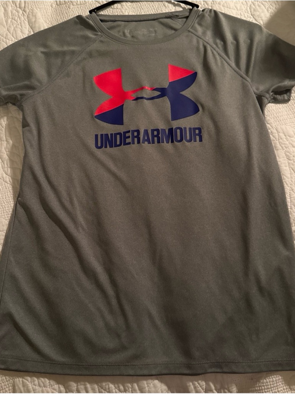 Under Armour Gray Short Sleeve Logo Tee with Red & Blue Accents